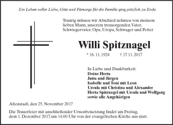 Traueranzeige von Willi Spitznagel von  Kreisanzeiger