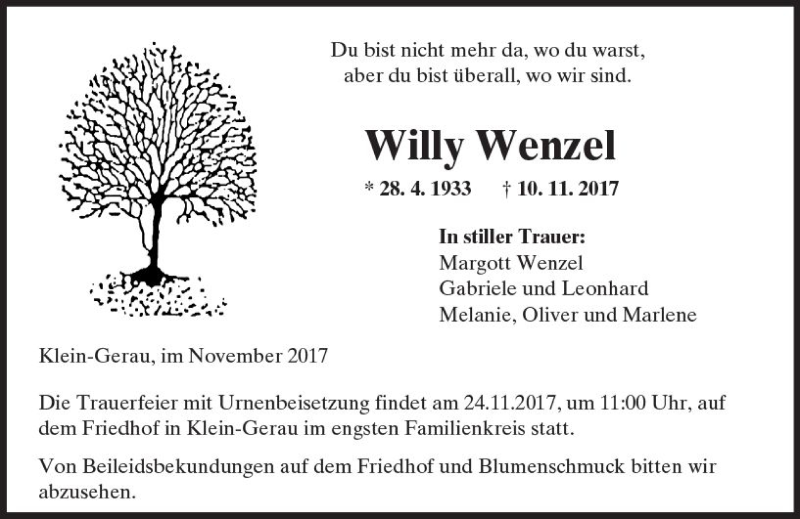  Traueranzeige für Willy Wenzel vom 22.11.2017 aus Trauerportal Echo Online