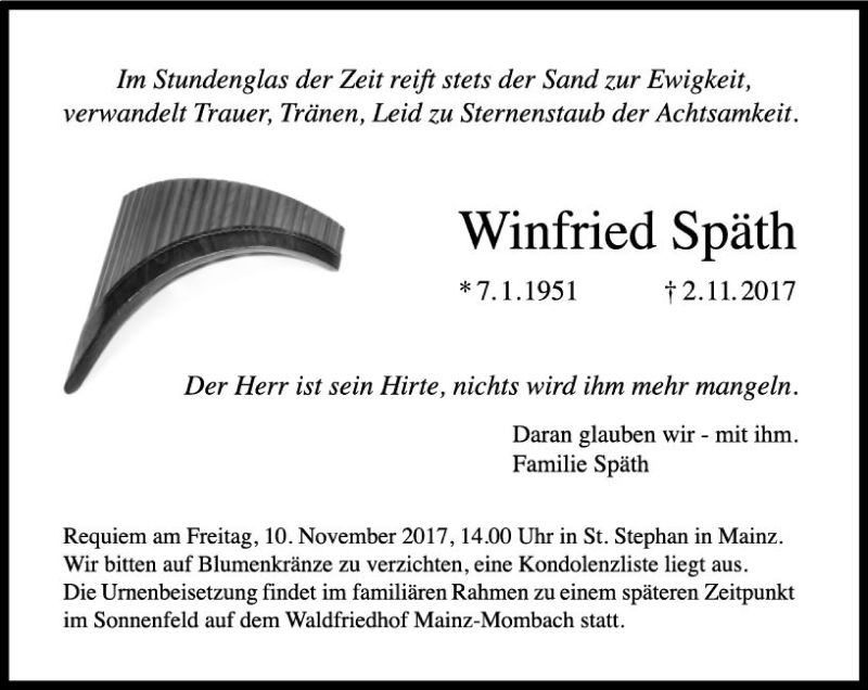  Traueranzeige für Winfried Späth vom 08.11.2017 aus Trauerportal Rhein Main Presse