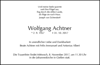 Traueranzeige von Wolfgang Achtner von  Gießener Anzeiger
