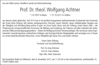 Traueranzeige von Wolfgang Achtner von  Gießener Anzeiger