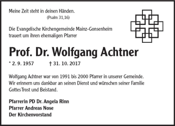 Traueranzeige von Wolfgang Achtner von Trauerportal Rhein Main Presse