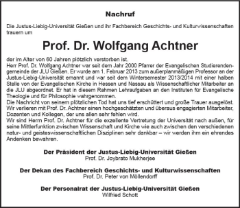 Traueranzeige von Wolfgang Achtner von  Gießener Anzeiger
