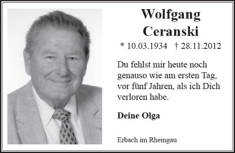  Traueranzeige für Wolfgang Ceranski vom 28.11.2017 aus Trauerportal Rhein Main Presse
