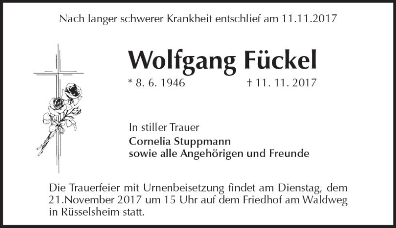  Traueranzeige für Wolfgang Fückel vom 18.11.2017 aus Trauerportal Rhein Main Presse