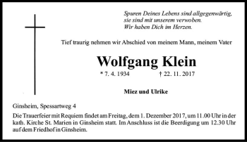 Traueranzeige von Wolfgang Klein von Trauerportal Rhein Main Presse