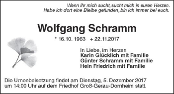 Traueranzeige von Wolfgang Schramm von Trauerportal Echo Online