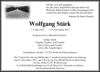 Traueranzeige von Wolfgang Stärk von  Usinger Anzeiger