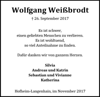 Traueranzeige von Wolfgang Weißbrodt von Trauerportal Rhein Main Presse
