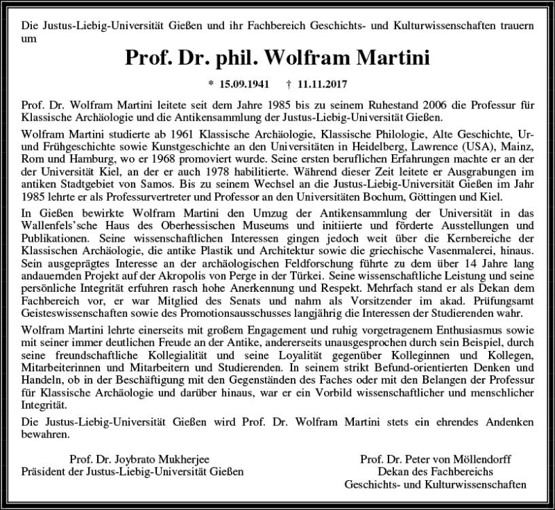  Traueranzeige für Wolfram Martini vom 24.11.2017 aus  Gießener Anzeiger