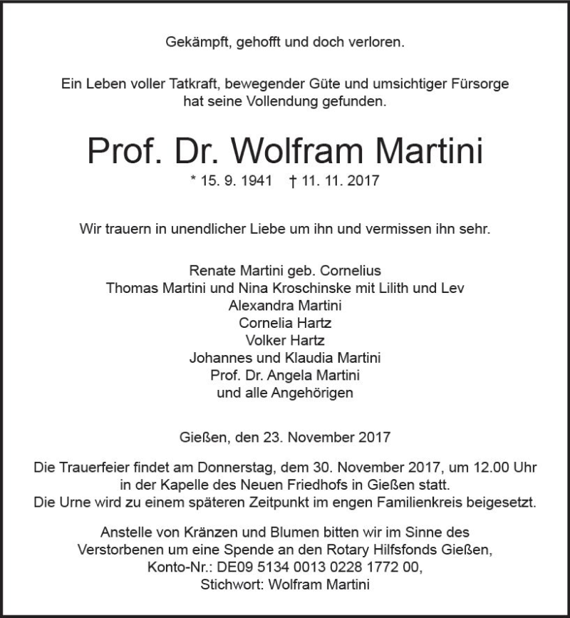  Traueranzeige für Wolfram Martini vom 23.11.2017 aus  Gießener Anzeiger