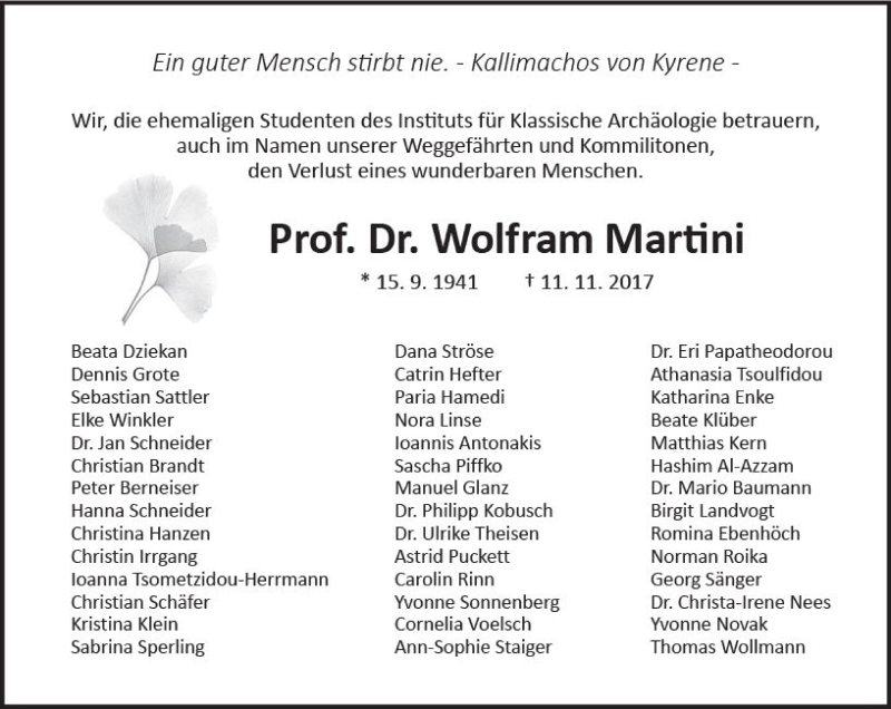  Traueranzeige für Wolfram Martini vom 28.11.2017 aus  Gießener Anzeiger