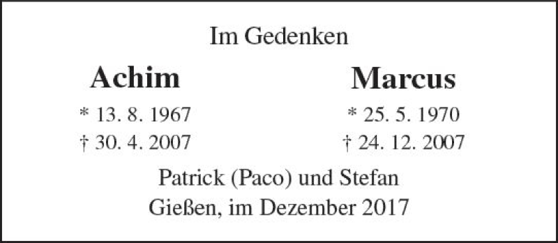  Traueranzeige für Achim  vom 23.12.2017 aus  Gießener Anzeiger