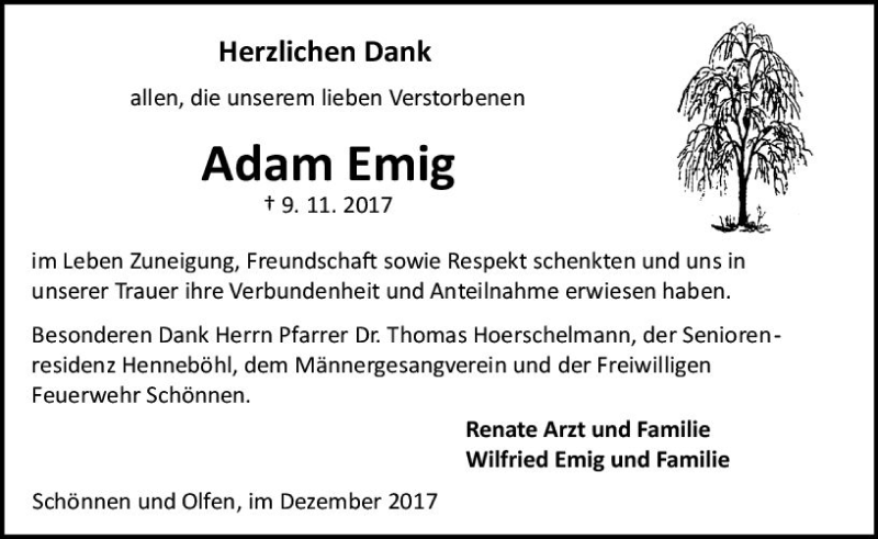  Traueranzeige für Adam Emig vom 09.12.2017 aus Trauerportal Echo Online