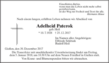 Traueranzeige von Adelheid Paterok von  Gießener Anzeiger