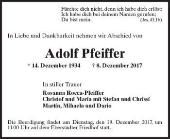 Traueranzeige von Adolf Pfeiffer von Trauerportal Echo Online