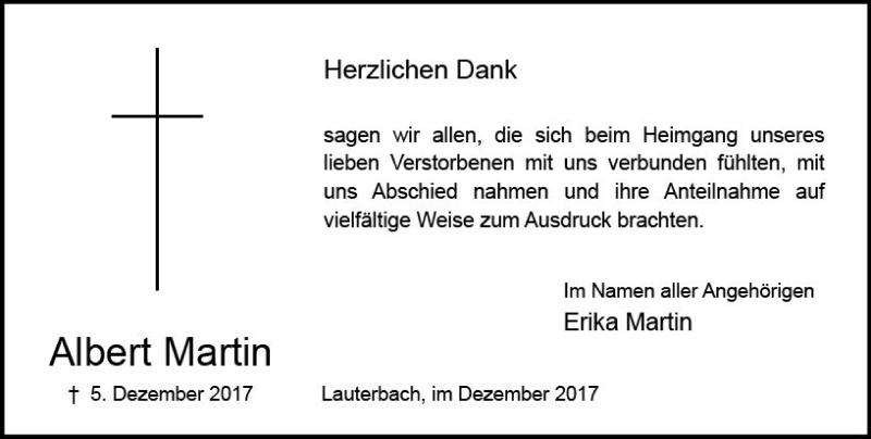  Traueranzeige für Albert Martin vom 30.12.2017 aus VRM Trauer