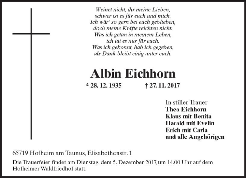  Traueranzeige für Albin Eichhorn vom 01.12.2017 aus Trauerportal Rhein Main Presse