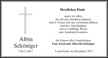 Traueranzeige von Albin Schöniger von VRM Trauer