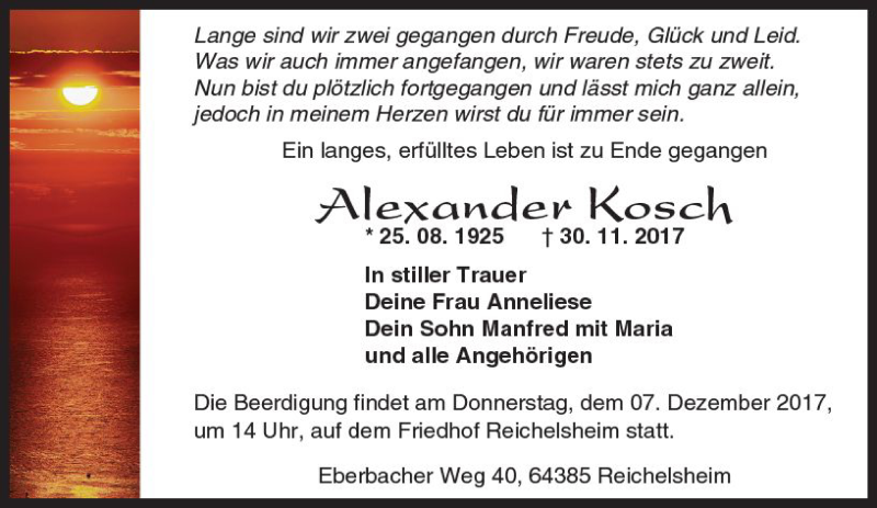  Traueranzeige für Alexander Kosch vom 05.12.2017 aus Trauerportal Echo Online