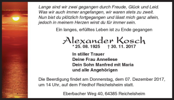 Traueranzeige von Alexander Kosch von Trauerportal Echo Online