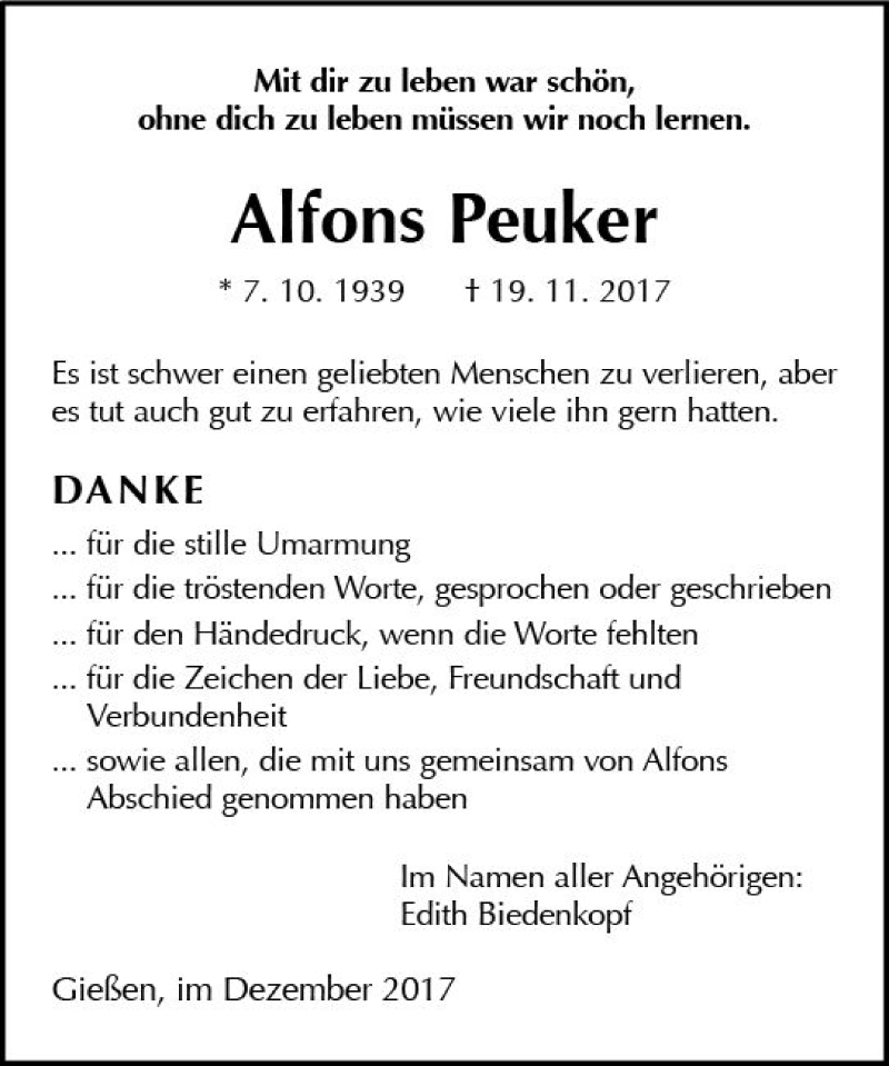  Traueranzeige für Alfons Peuker vom 09.12.2017 aus  Gießener Anzeiger