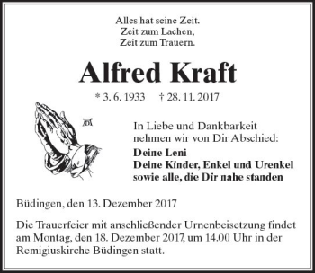 Traueranzeige von Alfred Kraft von  Kreisanzeiger