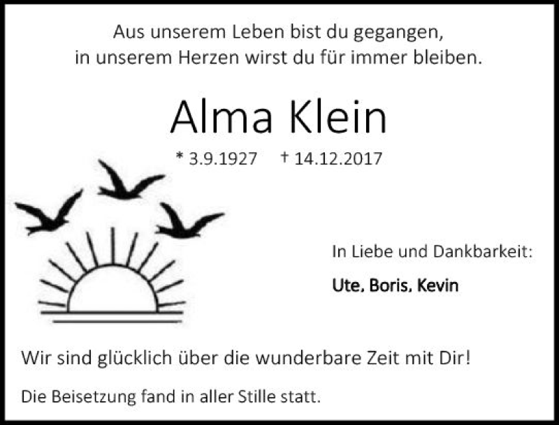  Traueranzeige für Alma Klein vom 23.12.2017 aus Trauerportal Echo Online
