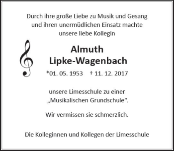 Traueranzeige von Almuth Lipke-Wagenbach von  Gießener Anzeiger