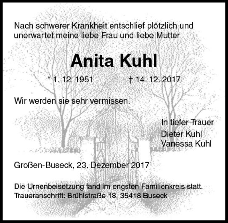  Traueranzeige für Anita Kuhl vom 23.12.2017 aus  Gießener Anzeiger