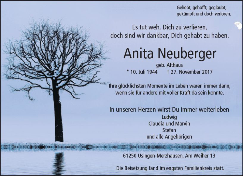  Traueranzeige für Anita Neuberger vom 08.12.2017 aus  Usinger Anzeiger