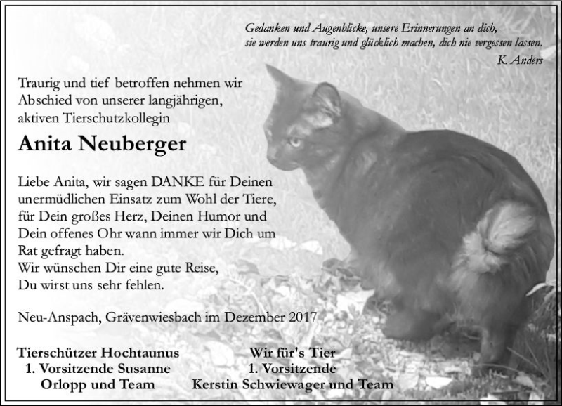  Traueranzeige für Anita Neuberger vom 07.12.2017 aus  Usinger Anzeiger