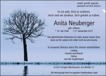 Traueranzeige von Anita Neuberger von  Usinger Anzeiger