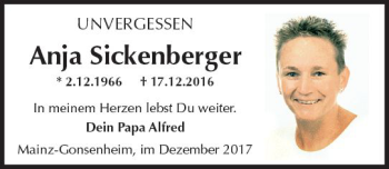 Traueranzeige von Anja Sickenberger von Trauerportal Rhein Main Presse