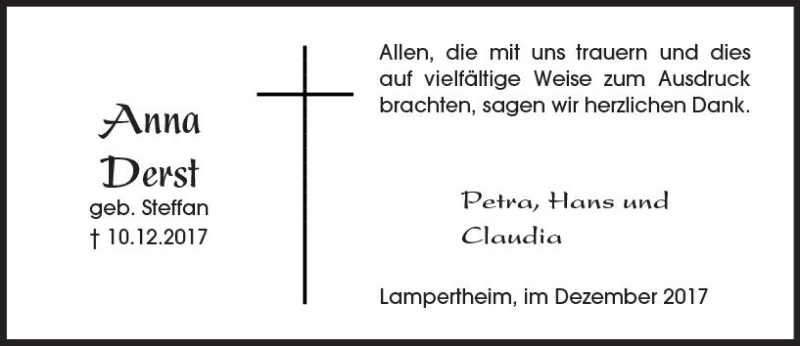  Traueranzeige für Anna Derst vom 27.12.2017 aus Trauerportal Rhein Main Presse