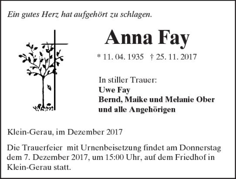  Traueranzeige für Anna Fay vom 05.12.2017 aus Trauerportal Echo Online
