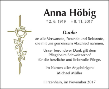 Traueranzeige von Anna Höbig von  Kreisanzeiger