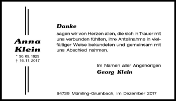 Traueranzeige von Anna Klein von Trauerportal Echo Online
