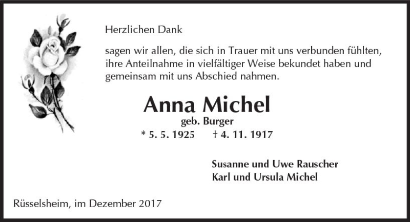  Traueranzeige für Anna Michel vom 02.12.2017 aus Trauerportal Rhein Main Presse
