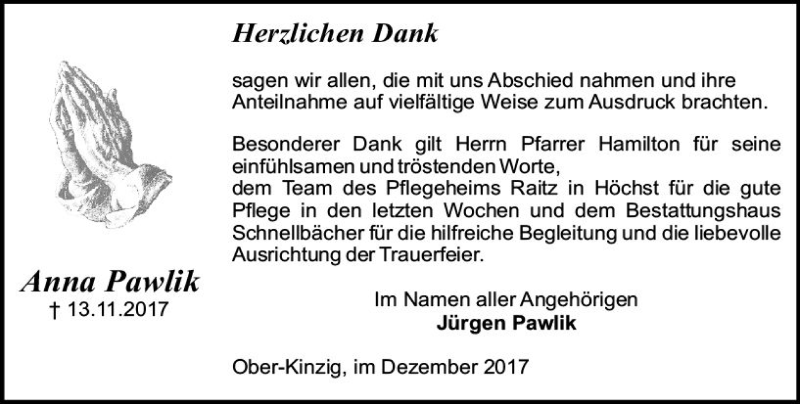  Traueranzeige für Anna Pawlik vom 09.12.2017 aus Trauerportal Echo Online