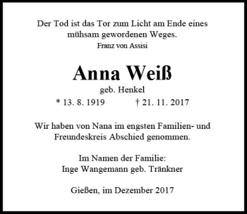 Traueranzeige von Anna Weiß von  Gießener Anzeiger