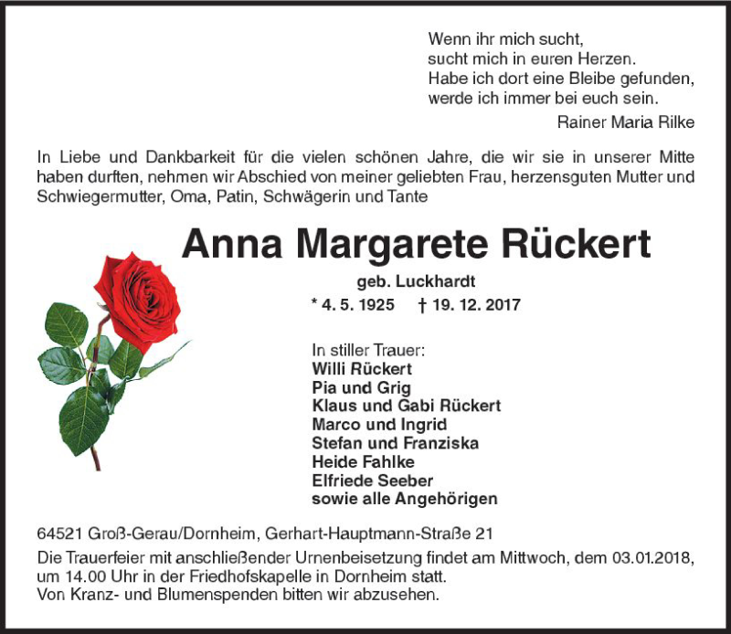  Traueranzeige für Anna Margarete Rückert vom 30.12.2017 aus Trauerportal Echo Online