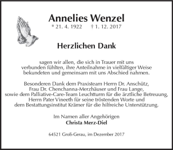 Traueranzeige von Annelies Wenzel von Trauerportal Echo Online