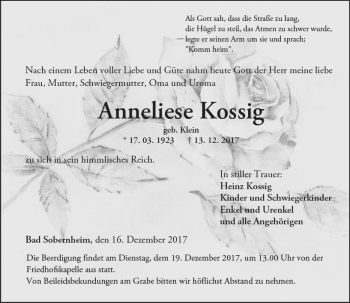 Traueranzeige von Anneliese Kossig von Trauerportal Rhein Main Presse