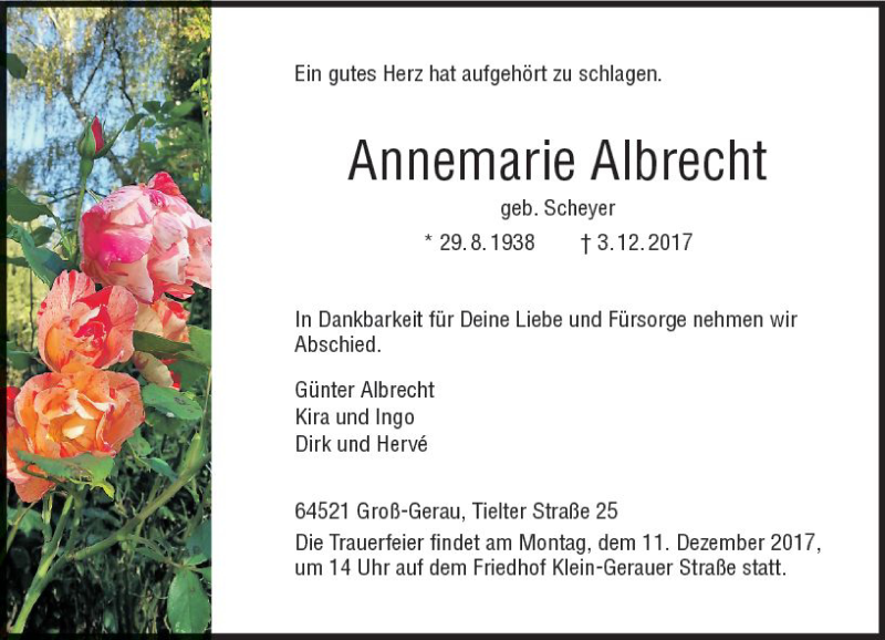  Traueranzeige für Annemarie Albrecht vom 09.12.2017 aus Trauerportal Echo Online