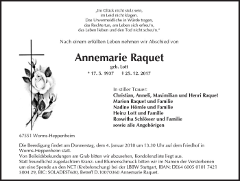 Traueranzeige von Annemarie Raquet von Trauerportal Rhein Main Presse