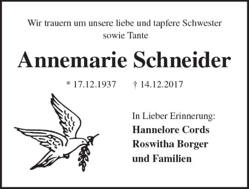  Traueranzeige für Annemarie Schneider vom 30.12.2017 aus Trauerportal Echo Online