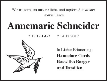 Traueranzeige von Annemarie Schneider von Trauerportal Echo Online
