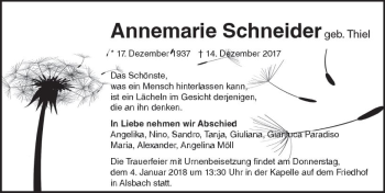 Traueranzeige von Annemarie Schneider von Trauerportal Echo Online