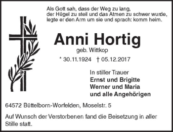 Traueranzeige von Anni Hortig von Trauerportal Echo Online